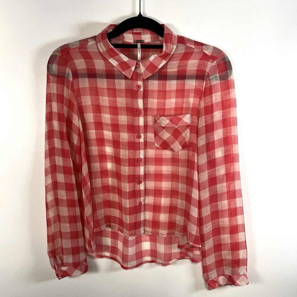 Free People Red & White Gingham Sheer Button Down Blouse Women's Size Small Boho